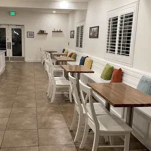 tables and benches in a restaurant