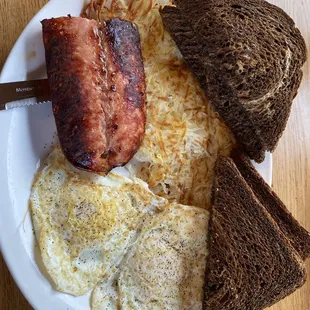 Eggs, hash browns and tasty Kielbasa.