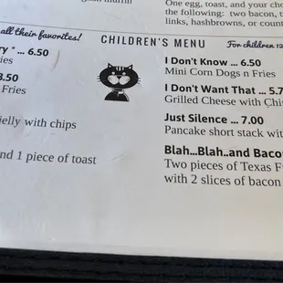 Kid's menu with the best titles ever.