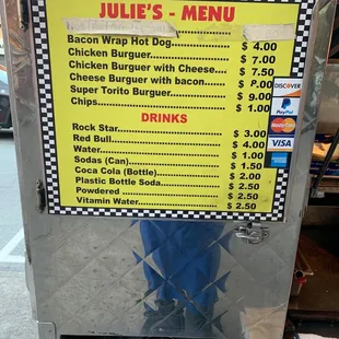 a menu for a hot dog