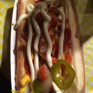 Bacon hotdog with everything on it