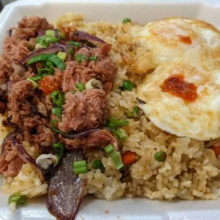 Corned beef silog with bacon fried rice