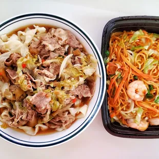Spicy Beef Noodles (left) and Shrimp Chow Mien (right)