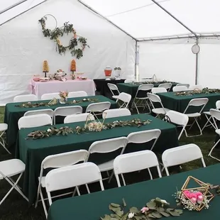 Boho baby shower in lg tent. Tent, tables, chairs, linens all from Julie's