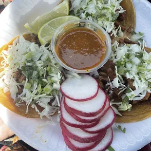 3 Alpastor Tacos. Extra radishes. Hottest salsa