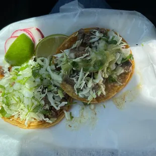 I Lengua &amp; 1 carne Asada ... delish!!! Worth the stop. Julie's does not make skimpy tacos for sure.
