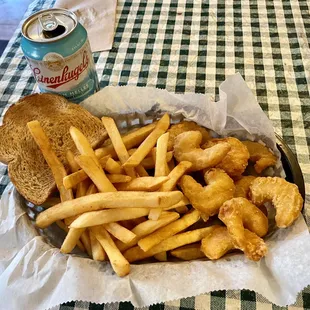 Shrimp with fries and toast dinner