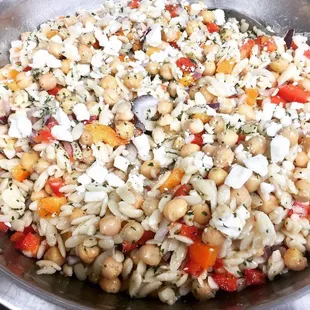 Orzo pasta with garbanzo beans and feta cheese