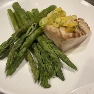 Mahi with pineapple mango salsa. Asparagus for a side  as requested