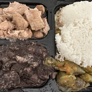 2 scoops rice smashed on top of one of the choices. Mushed up the Pinakbet/eggplant