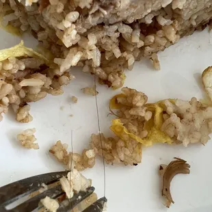 Pulling LONG HAIR from adobo omelette.