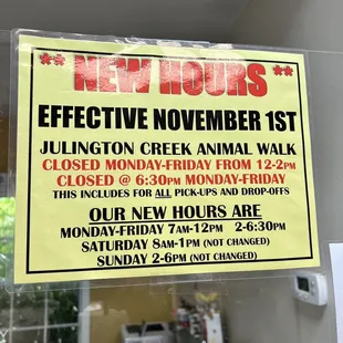 New hours as of November 2021