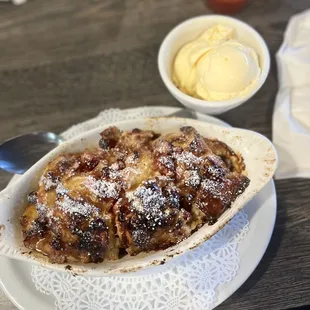 Cranberry bread pudding with a side of ice cream