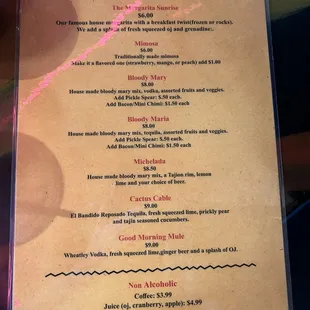 Bar menu