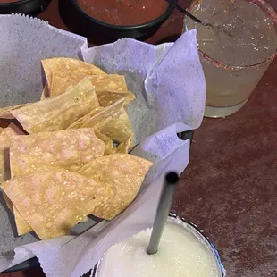 Frozen and house margaritas with complimentary chips and salsa