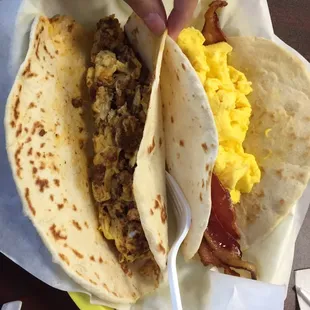 Breakfast tacos, chorizo &amp; egg and bacon &amp; egg