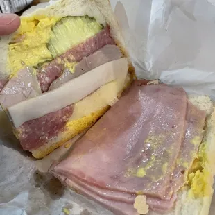 Inside, mostly ham and a little slice of pork and salami