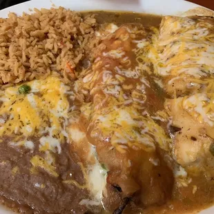 Tamale on Right / Chili Reano in Middle. Rice &amp; Beans on left.