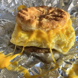 Sausage, egg, and cheese on a biscuit.
