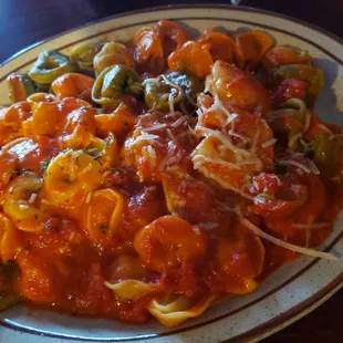 Tortellini with shrimp.   The shrimp kind of get lost in the photo but they are throughout!