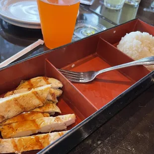 Children&apos;s chicken teriyaki. There was a gyoza and piece of broccoli but my boys ate theirs before I could take a picture.