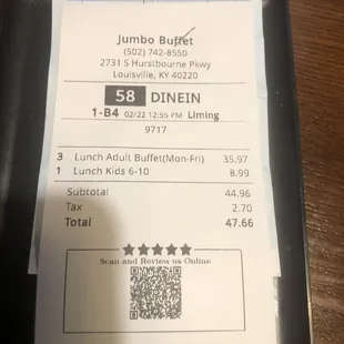 the receipt for the restaurant