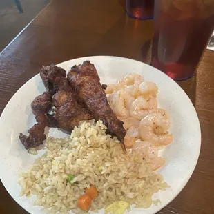 Chicken on stick, Fried Rice, Shrimp.