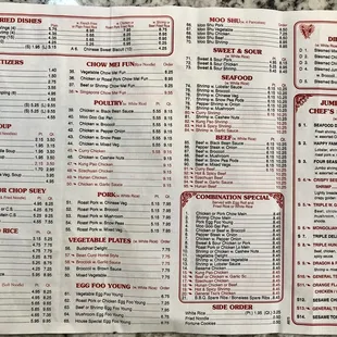 Back of menu