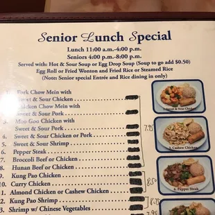Menu says seniors 4-8 but we were advised only til 4 to get the soup or egg rolls.