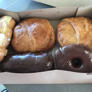 Glazed twist, ham and cheese,  chocolate and long john