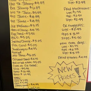 Updated menu prices.  October 2023