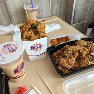 Pork cutlet popcorn chicken and milk tea