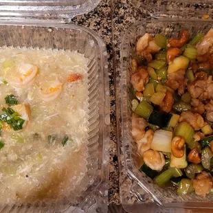 Prawns in &quot;Lobster Sauce&quot; (left) Chicken Cashew (right)