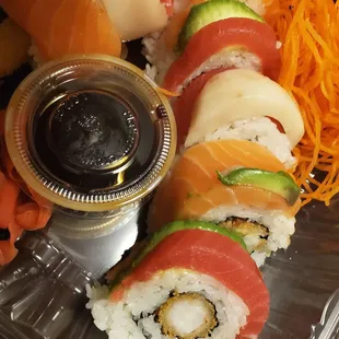 Modified the rainbow roll to have shrimp tempura in the middle