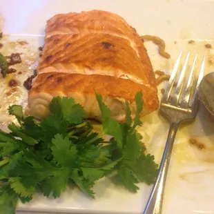 This was the salmon the part I brought home. They leave the sauce on the side so it stayed crispy and I could choose what to add