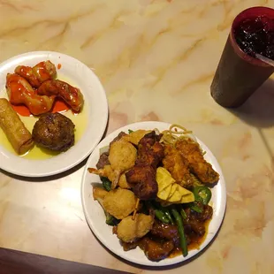 Lo mein, jala chk, sesame chk, teriyaki chk, chk wngs, crab rangoon, grn bns, frd shrmp, brcli beef, swt/sr chk, pork ball, egg roll. Dr. P.