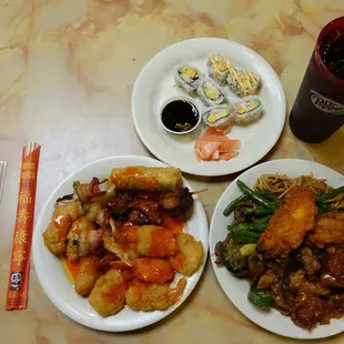 three plates of food on a table