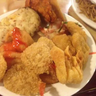 2nd Course: Butterfly Shimp, Crab Rangoon, Chicken Nuggets, Onion Ring, Stuffed Baked Potato, etc... © 2014 @FOODEMIC.