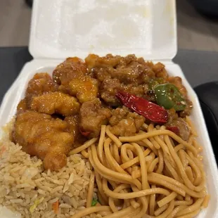 Combo B with Fried Rice, Lo Mein, Orange Chicken, Jalapeno chicken.