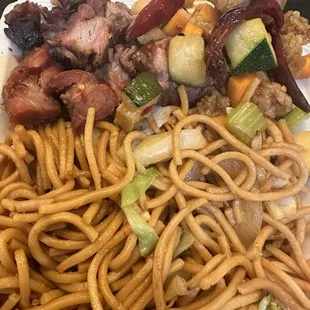 Bbq pork, Kung Pao Chicken and lo mein noodles
