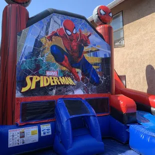 Spider-Man 6in 1 Combo Unit -Features: Bounce house, basketball hoop, pop up characters, climbing wall, slide (wet/dry), &amp; optional pool.