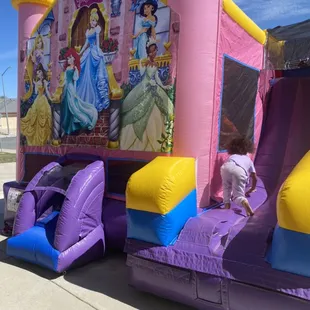 Disney Princess 6in 1 Combo.  Features: Bounce House, Basketball Hoop, Pop Up Characters, Climbing Wall, Slide (Wet/Dry), &amp; Pool (optional)