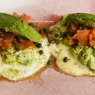 Salmon with eggs  avocado and capers