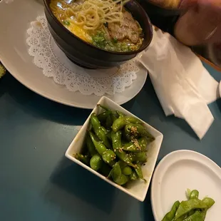 Spicy tonkatsu ramen and garlic edamame