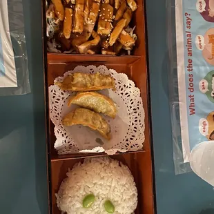 Kids meal: chicken teriyaki, gyoza and rice