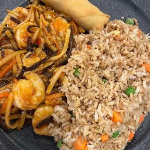 Fried rice, egg roll, and Yu Xiang shrimp