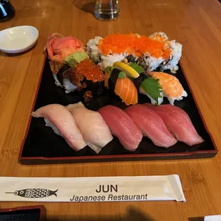 Jun Special sushi, which featured 3 tuna, 2 yellowtail, 1 salmon, 1 salmon roe, 1 squid, 1 shrimp, and a large California roll