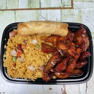 Boneless Spareribs in dinner combo with fried rice and pork egg roll