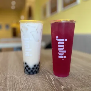 Boba milk tea and yuzu dragonfruit jasmine