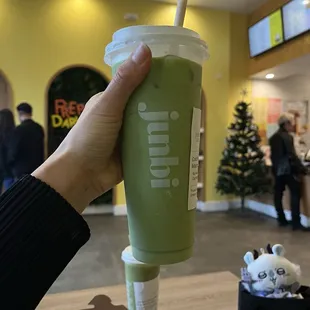 cold Madagascar vanilla matcha latte with oat milk